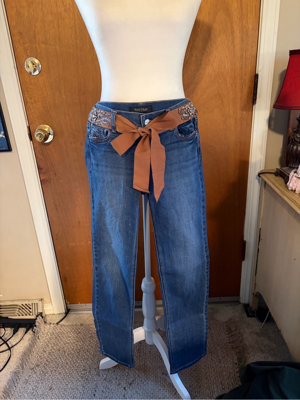 White House Black Market Blue Denim Flare Jeans with Brown Tie